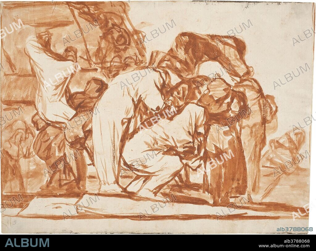 Francisco de Goya y Lucientes / 'People in Sacks'. 1815 - 1819. Red wash, Red chalk on ivory laid paper.