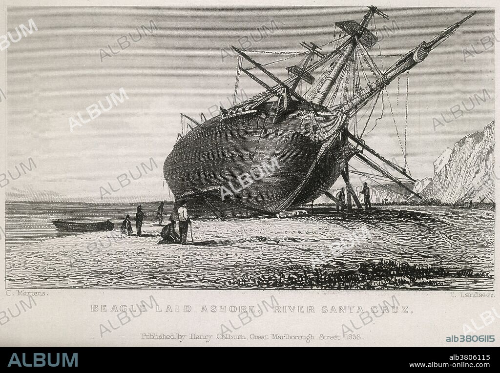 "Beagle laid ashore, River Santa Cruz", copperplate engraving by Thomas Landseer, art by Conrad Martens, from "The Narrative of the Surveying Voyages of HMS Adventure and Beagle", published by Henry Colburn in 1838. The Beagle was grounded for repairs on the April 16, 1834 to repair damage caused by a rock at Port Desire and to check that the copper sheets were intact; Fitzroy notes they were about to enter the Pacific where worms soon eat their way through unprotected planks. They found that a piece of the false keel had been knocked off and the copper was heavily rubbed in places. The carpenter, Mr. May, repaired it all in one tide. The Beagle undertook a repainting and refit while Fitzroy, Darwin and a small crew explored upriver for several days.