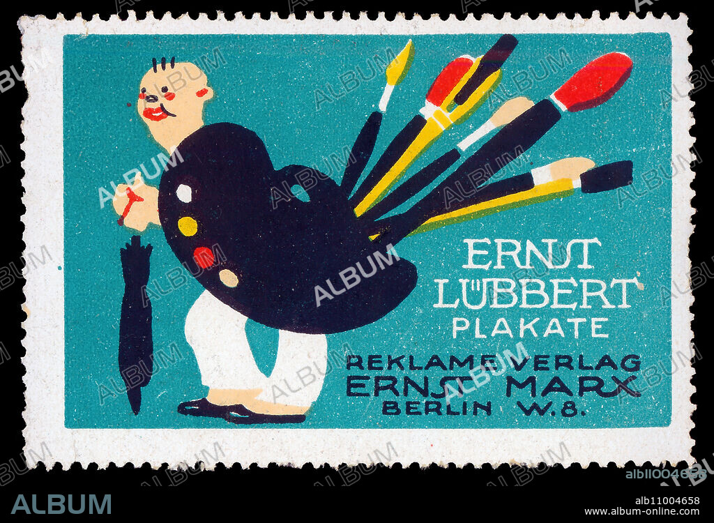 ERNST LÜBBERT. Publicidad. Alemania. Ernst Lubbert, plakate. Viñeta dentada de un cartel de una paleta de pinturas y pinceles, editado por la agencia de publicidad Ernst Marx, de Berlín. Años 1925.