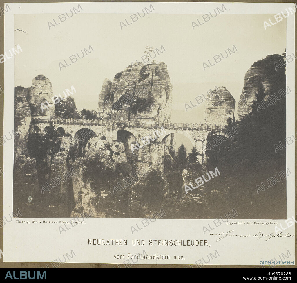 Rocky landscape with view of Neurathen and Steinschleuder in the Säksische Schweiz, Neurathen und Steinschleuder, vom Ferdinandstein aus (title on object), Hermann Krone (mentioned on object), publisher: Hermann Krone (mentioned on object), Dresden, 7-Sep-1857, paper, salted paper print, height 156 mm × width 208 mm.