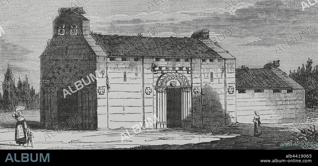 España. Galicia. Provincia de La Coruña. Iglesia románica de San Martín de Tiobre. Dibujo por F. Miranda. Grabado por Ricord. Crónica General de España, Historia Ilustrada y Descriptiva de sus Provincias. Galicia,1866. Biblioteca Histórico Militar de Barcelona, Cataluña, España.