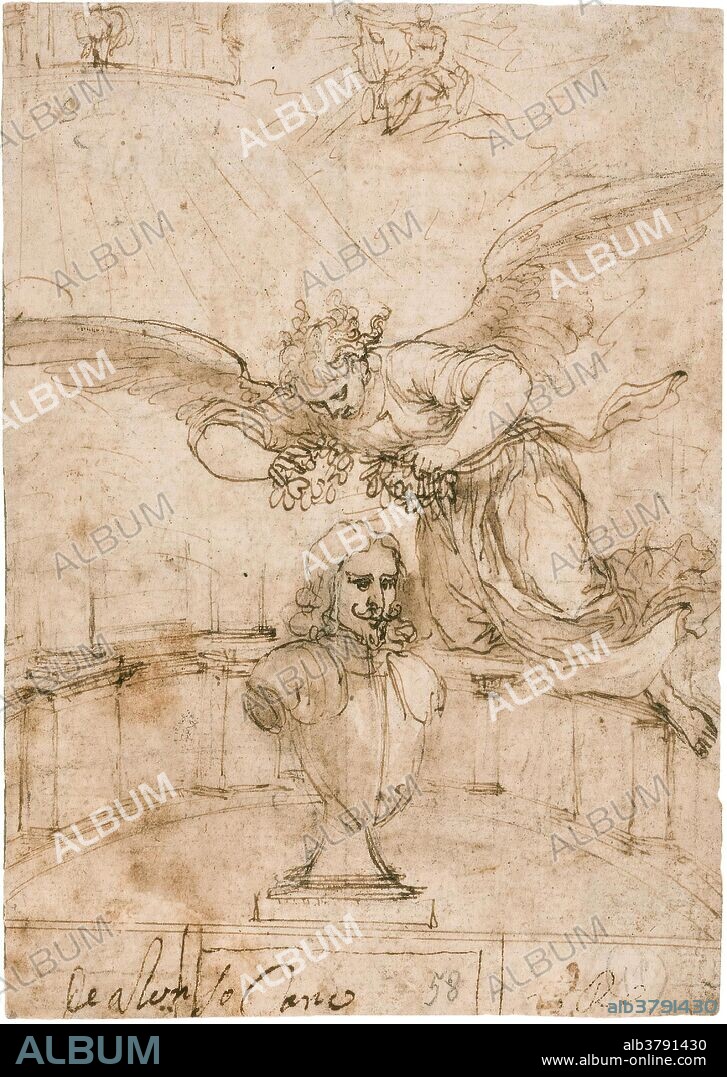 Alonso Cano / 'The Crowning of a Soldier-Poet'. 1660 - 1667. Wash, Pencil, Pencil ground on yellow laid paper.