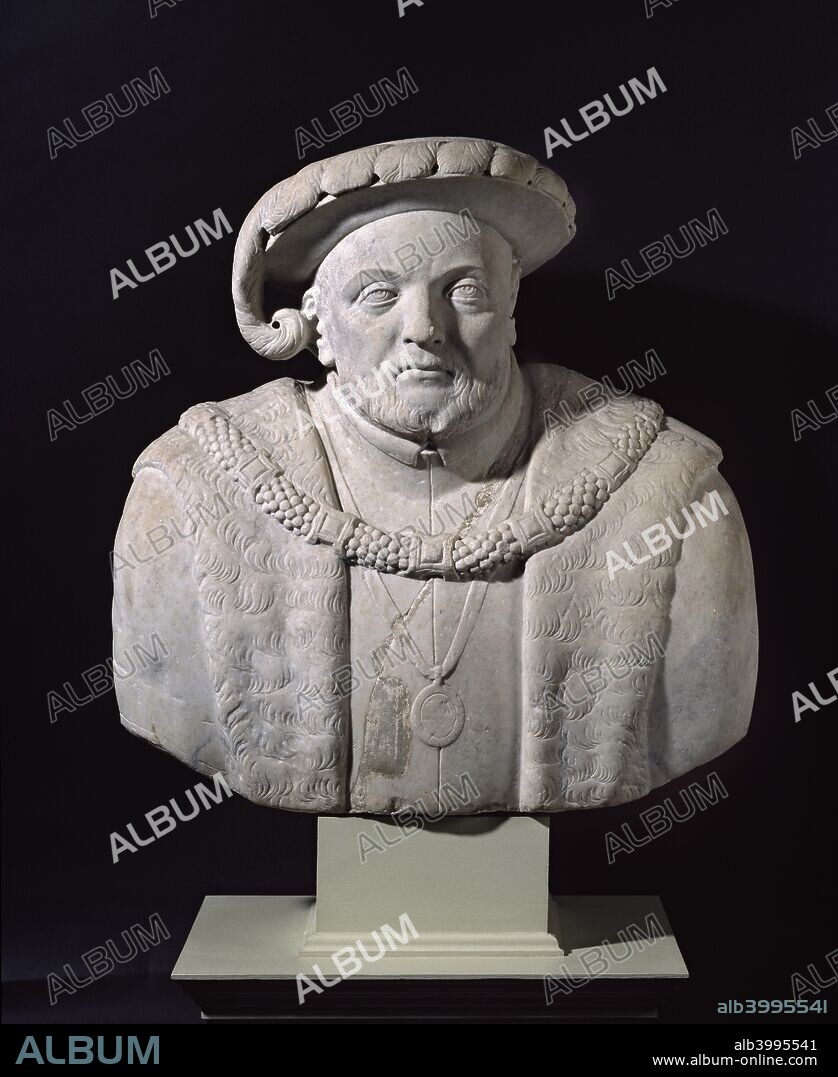 Bust of Henry VIII, early 17th century. Bust of Henry VIII. Dimensions: height: including base 83 cm approx.height: base 14 cmwidth: 65 cm max.width: 29 cm min.width: base 23 cmdepth: base 23 cmdepth: 30 cm max.depth: 9 cm min.weight: 168 kg.