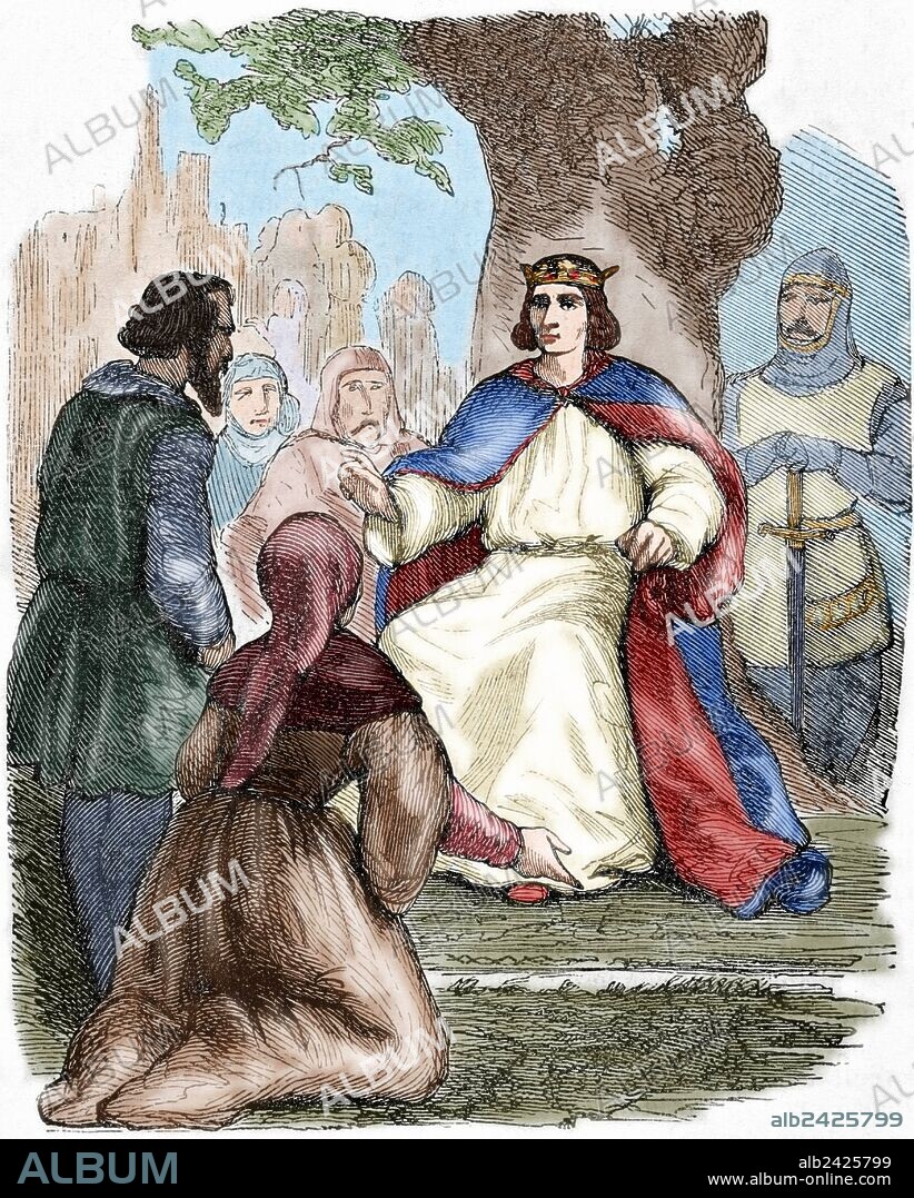 LUIS IX o SAN LUIS (1214-1270). Rey de Francia (1226-1270). Hijo y sucesor de Luis VIII. "San Luis administrando justicia bajo una haya". Grabado coloreado.