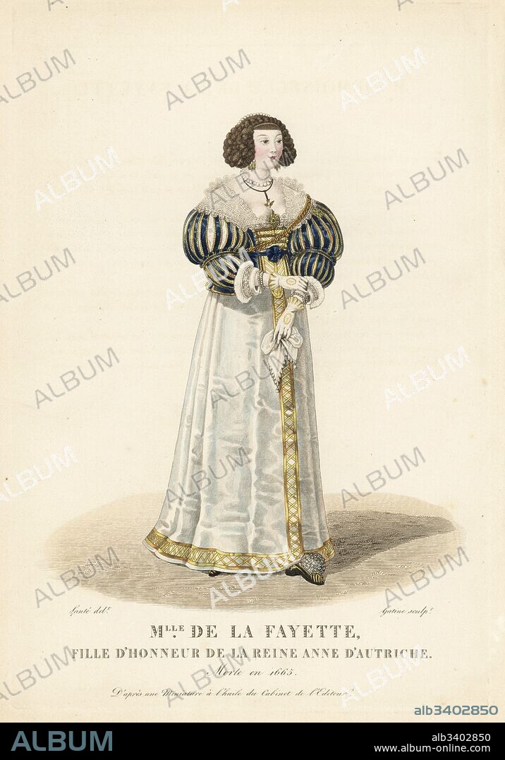 Louise Angelique Motier de la Fayette, maid of honour to Anne of Austria, queen to Louis XIII of France, 1618-1665. She wears her hair in ringlets with a string of pearls, dress with lace collar and cuffs, slashed sleeves, laced bodice, petticoat with gold embroidery and pompom slippers. After a miniature in oils in the editor's collection. Handcoloured copperplate engraving by Georges Jacques Gatine after an illustration by Louis Marie Lante from Galerie Francaise de Femmes Celebres, Paris, 1827.