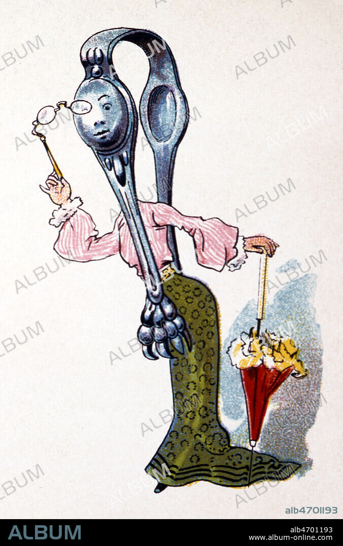 Objet anime, anthropomorphe : pince a sucre . Carte postale en chromolithographie, vers 1900. Credit Collection Kharbine Tapabor.