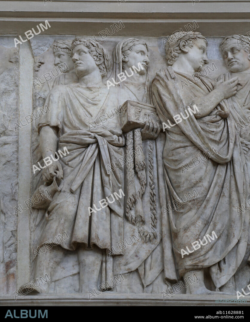 Italy. Rome. Ara Pacis Augustae. Altar dedicated to Pax. 13-9 BC. Processional frieze. Member of a college with priestly duties.