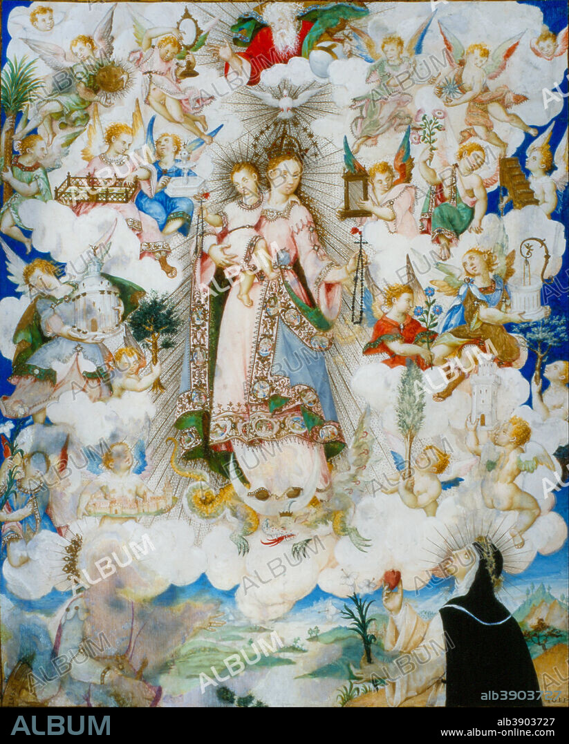 LUIS LAGARTO. La virgen del Rosario con santa Catalina de Alejandría y santa Catalina de Siena The Virgin of the Rosary with Saint Catherine of Alexandria and Saint Catherine of Sienna. Date/Period: 1611. Painting. Watercolor on vellum Watercolor on vellum. Height: 305 mm (12 in); Width: 253 mm (9.96 in).