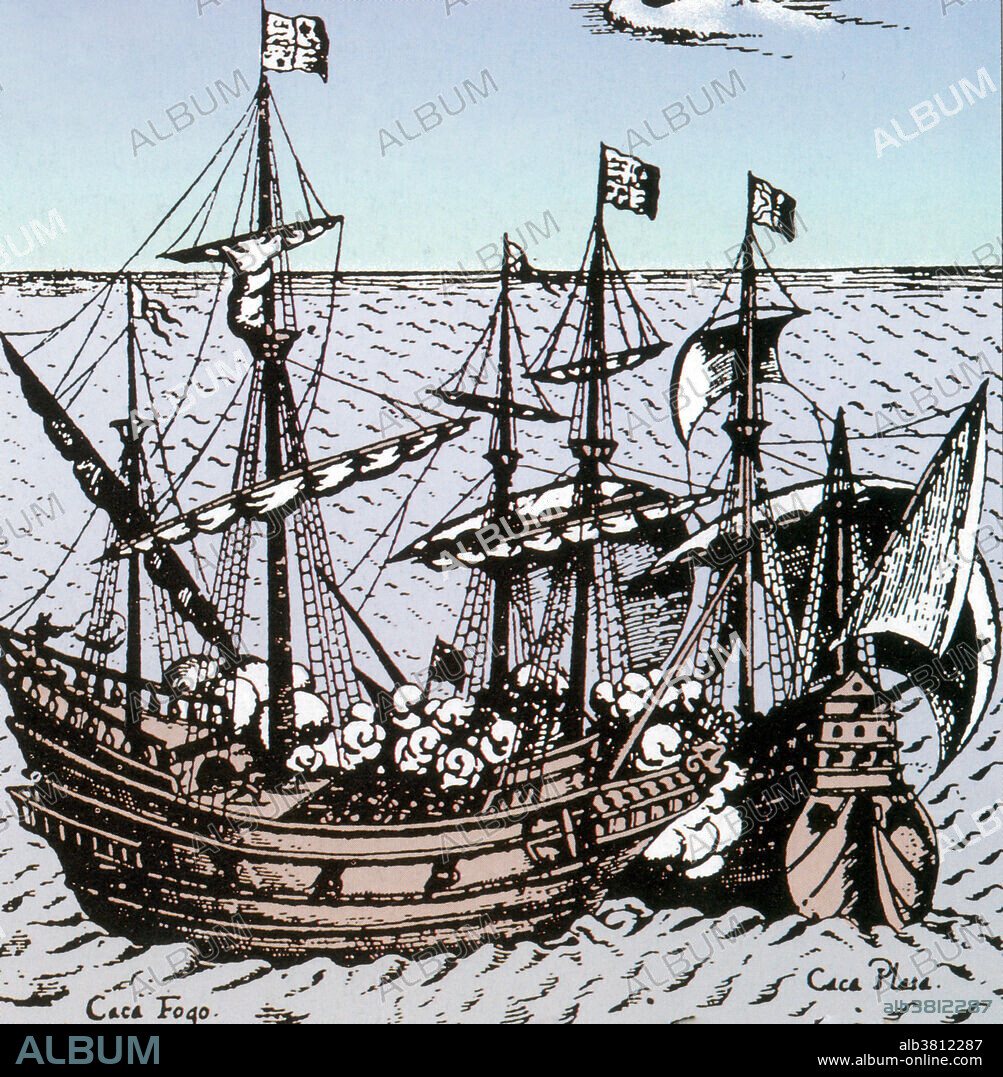 Capture Of Cacafuego, engraving by Friedrich Hulsius, 1626. The Spanish galleon Nuestra Senora de la Concepcion (Our Lady of the Immaculate Conception) was a 120 ton vessel that sailed the Peru - Panama route during the 16th century. This ship has earned a place in maritime history not only by virtue of being Sir Francis Drake's most famous prize, but also because of her colorful nickname, Cacafuego which translates into English as 'fireshitter'.