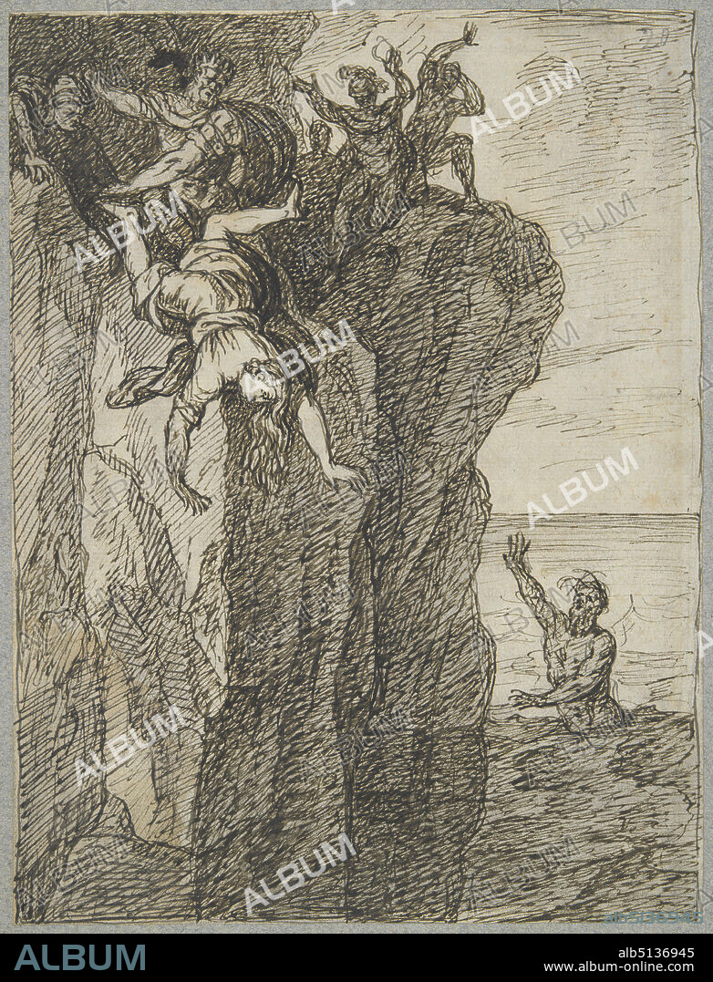 Artist, attributed to: Jean-Baptiste Regnault, French, 17541829, Perimele Thrown off a Cliff by Her Father Hippodamas, mid-18th to mid-19th century, Pen and brown ink on laid paper mounted on heavy blue wove paper, image: 20.6 × 15.5 cm (8 1/8 × 6 1/8 in.), Made in France, French, 18th century, Works on Paper - Drawings and Watercolors.