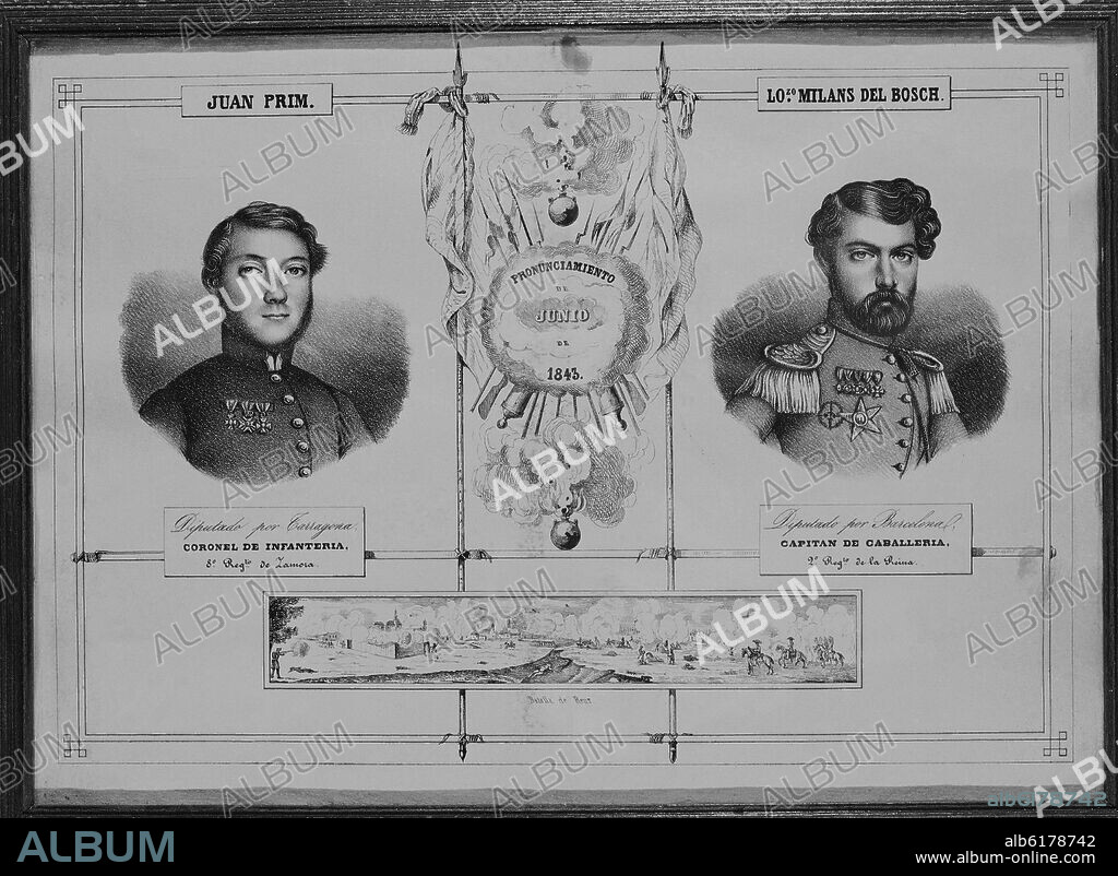 GENERAL PRIM Y GENERAL MILANS DEL BOSCH - CONMEMORACION DEL PRONUNCIAMIENTO DE JUNIO DE 1843 - BATALLA DE REUS.