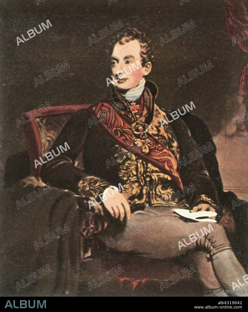 Prince von Metternich, c1815, (1936). 'Fürst Metternich'. Portrait of Klemens Wenzel Nepomuk Lothar, Prince von Metternich-Winneburg zu Beilstein (1773-1859), Austrian statesman and one of the most important diplomats of his era. He served as the Austrian Empire's Foreign Minister from 1809 and Chancellor from 1821 until the liberal revolutions of 1848 forced his resignation. After the painting by Thomas Lawrence, in the Kunsthistorisches Museum, Vienna. From "Bilder Deutscher Geschichte", (Pictures of German History), No.12, cigarette card album. [Cigaretten-Bilderdienst, Altona-Bahrenfeld, Hamburg, Germany, 1936].