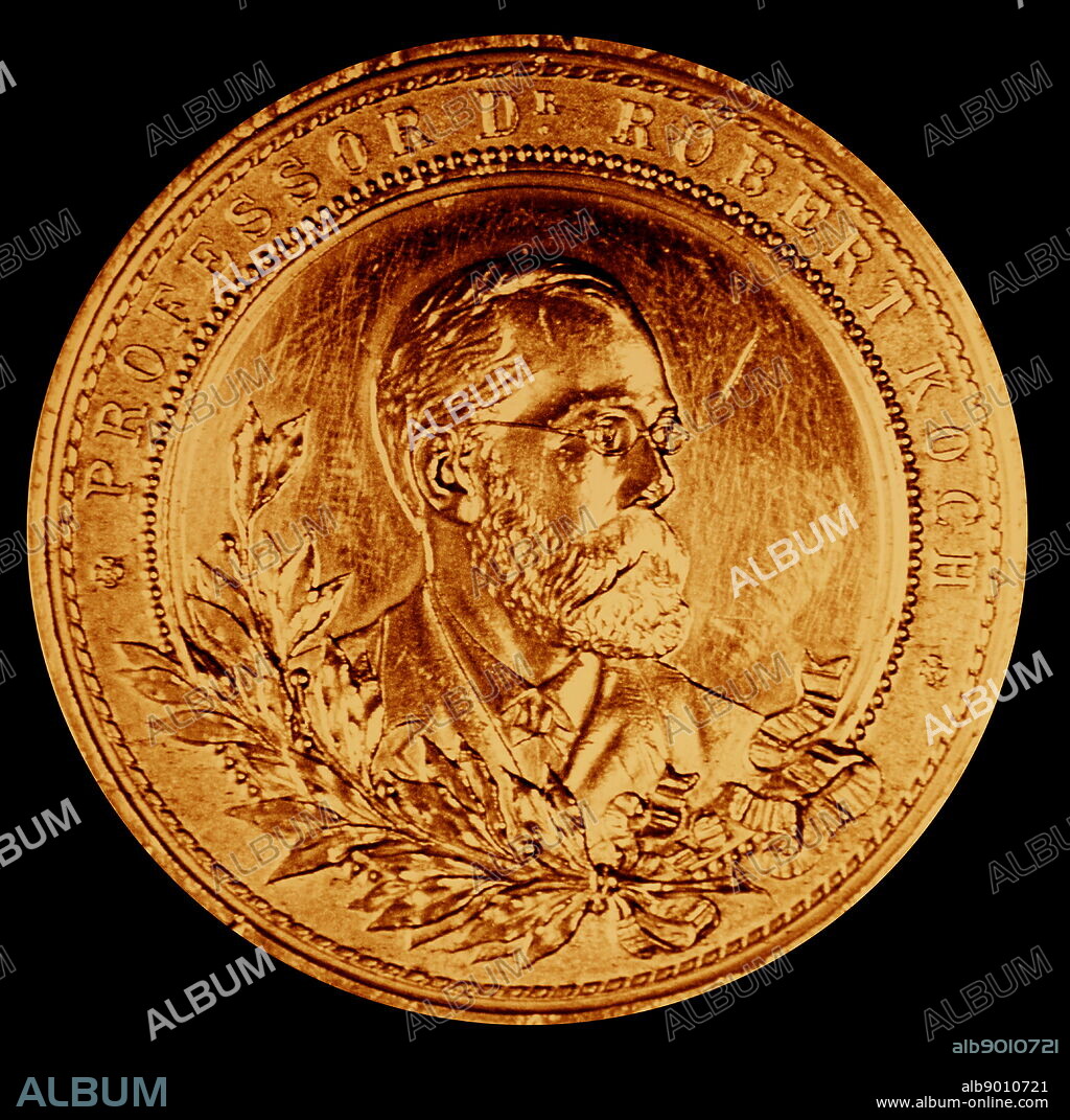 medal showing Robert Koch (1843 - 1910); German physician and microbiologist. As the founder of modern bacteriology, he identified the specific causative agents of tuberculosis, cholera, and anthrax and gave experimental support for the concept of infectious disease.