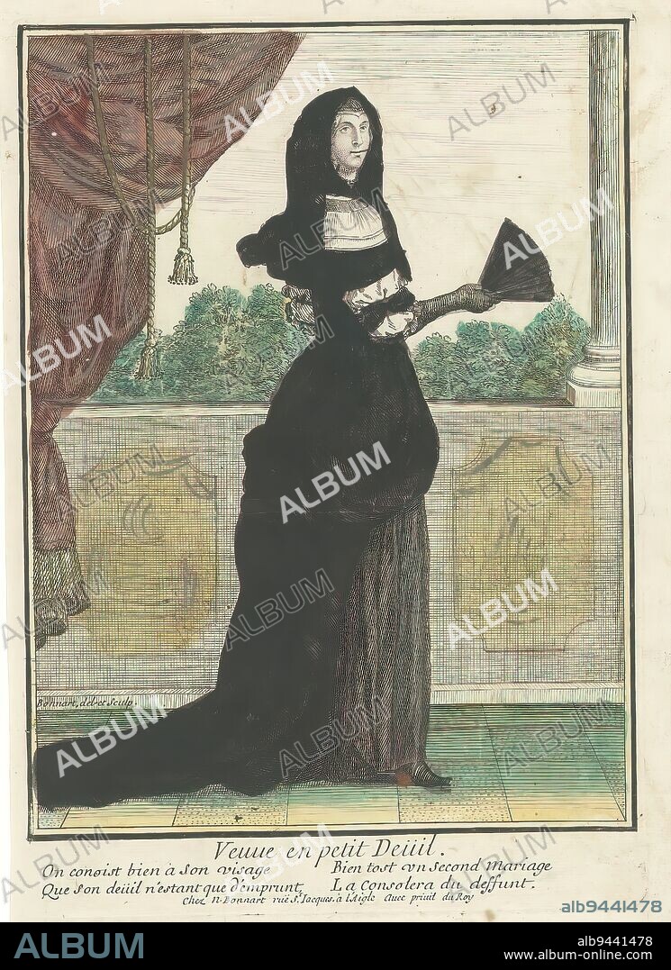 Veuve en petit Deuil (title on object), Widow in light mourning, Lady to right, dressed in black over garment with black veil over head. Fan in right hand., print maker: Nicolas Bonnart, (mentioned on object), after drawing by: Nicolas Bonnart, (mentioned on object), publisher: Nicolas Bonnart, (mentioned on object), Paris, c. 1676, paper, etching, height 300 mm × width 200 mm.