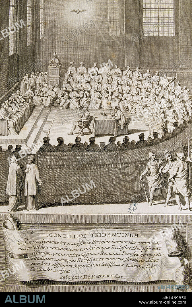 CONCILIO DE TRENTO. Decimonono de los concilios ecuménicos reconocidos por la Iglesia Católica Romana. Su finalidad fue combatir la Reforma protestante y reformar la disciplina de la Iglesia. Fue convocado por Paulo III de 1545 a 1547. Grabado del siglo XVIII de Pietro Antonio Pazzi con dibujo de Giovanni Domenico Campiglia. Biblioteca Nacional. Madrid. España.