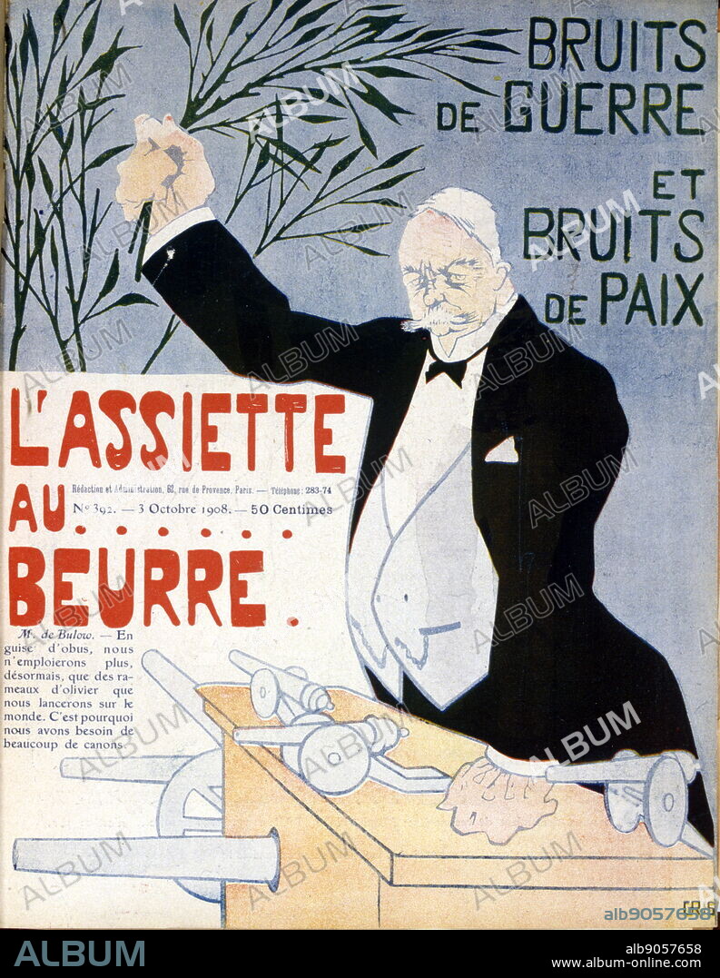 French satirical illustration depicting Franco-German rivalry. 1908. Shows Bernhard von Bulow (1849 - 1929), German statesman who served as Secretary of State for Foreign Affairs for three years and then as Chancellor of the German Empire from 1900 to 1909.