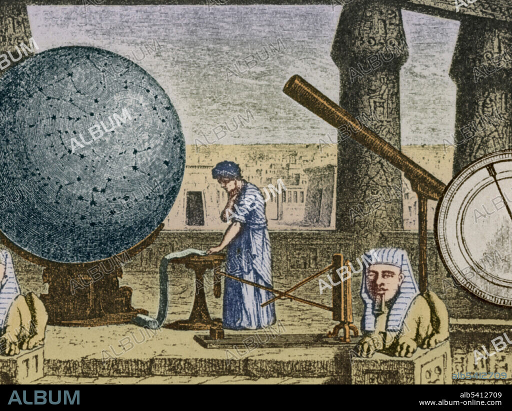 Claudius Ptolemy (AD c100-170), Greek-Egyptian astronomer, geographer and mathematician at his observatory in Alexandria, Egypt. Among the instruments seen here are Ptolemy's rulers (lower centre) and a copper disc (far right), which he used to demonstrate the law of reflection. At this observatory Ptolemy made the observations that supported Earth-centre models of solar and planetary motion. This view dominated astronomical thinking until the mid 16th century. Engraving from Vies des Savants Illustres (1877). This image has been colorized.