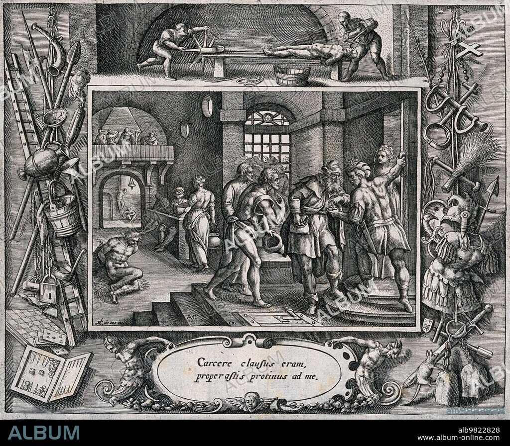 A prison guard receives money for freeing a prisoner from the torture chamber. Engraving by AC after M. de Vos. The torture chamber is populated by men in various rods and men writhing in pain The image is surrounded by depictions of torture and torture implements, Historical, digitally restored reproduction from a 19th century original