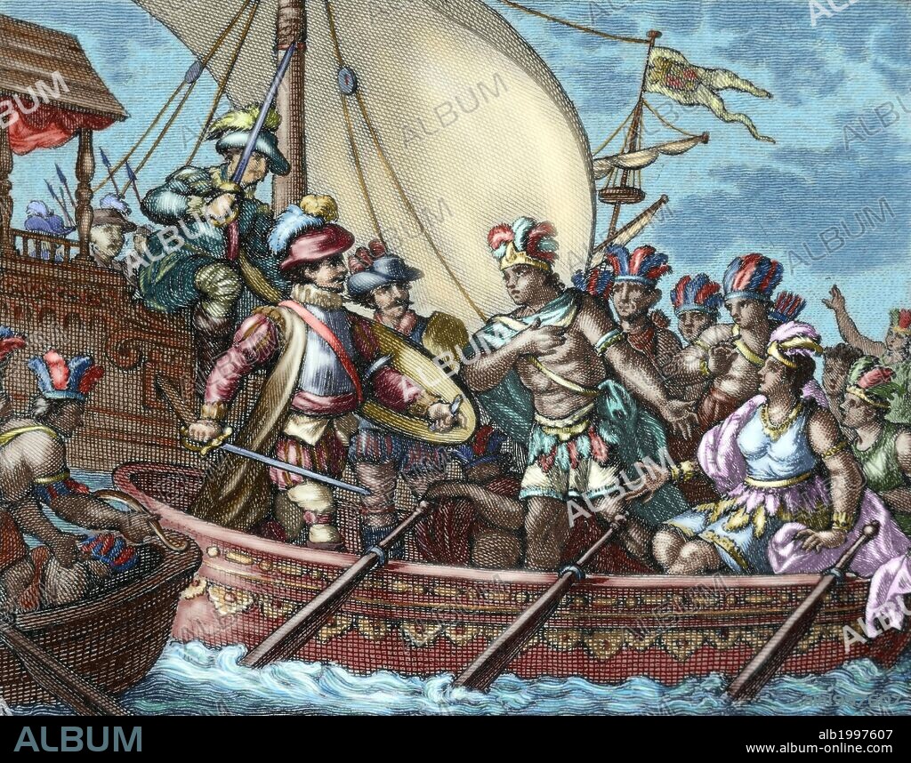 Conquest of Mexico. 16th century. Cuauhtemoc was captured by Garcia Holguin while fleeing in a canoe with her family after the defeat in the Battle of Tenochtitlan. The Truthful History of Conquest of New Spain by Bernal Diaz del Castillo. Colored engraving, 1807.