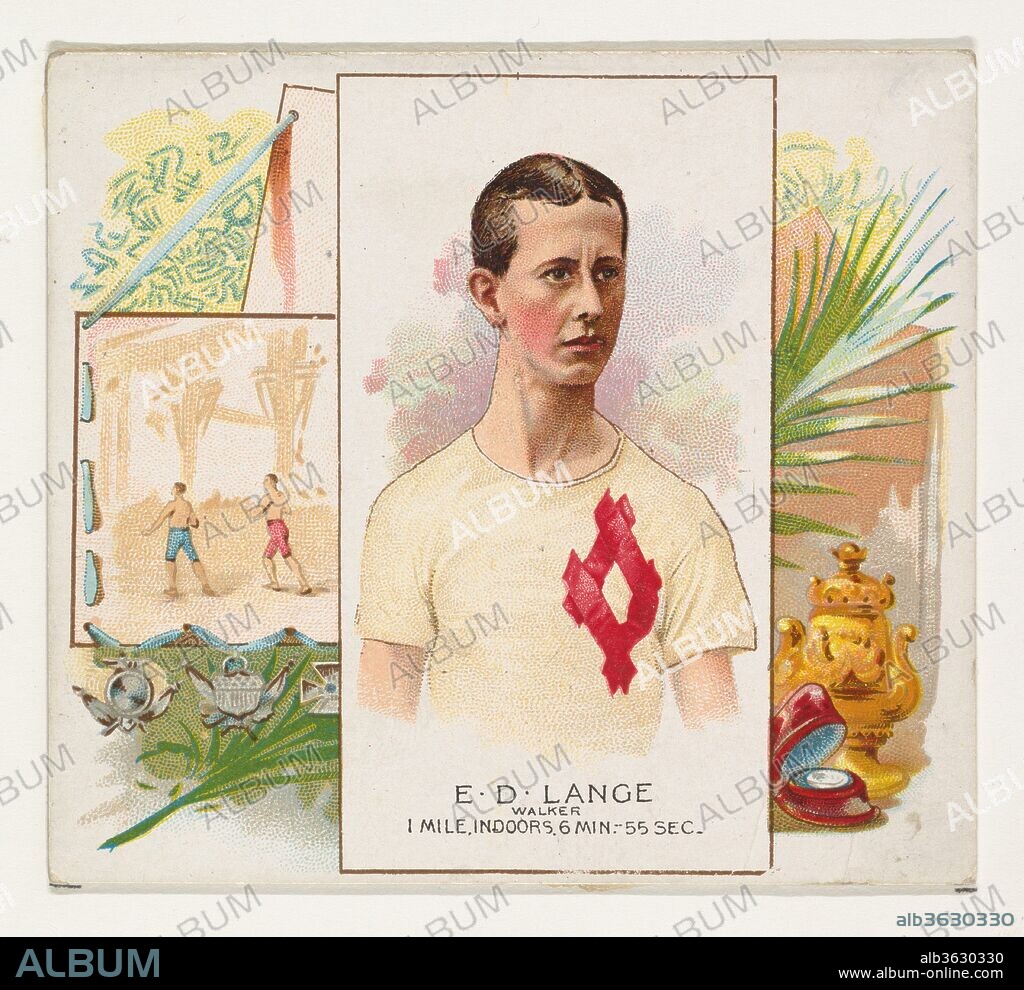 E.D. Lange, Walker, from World's Champions, Second Series (N43) for Allen & Ginter Cigarettes. Dimensions: Sheet: 2 15/16 x 3 1/4 in. (7.4 x 8.3 cm). Lithographer: Lindner, Eddy & Claus (American, New York). Publisher: Allen & Ginter (American, Richmond, Virginia). Date: 1888.
Trade cards from "World's Champions," Second Series (N43), issued in 1888 in a set of 50 cards to promote Allen & Ginter brand cigarettes.