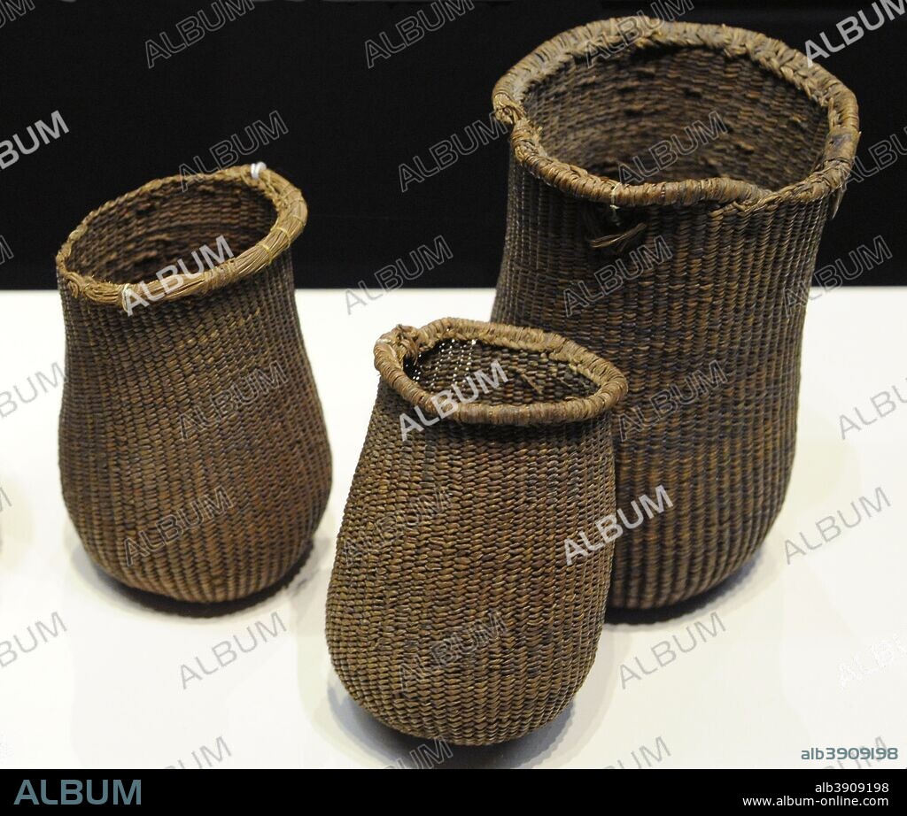 Esparto baskets. 5200-4600 BC. Neolithic. Los Murcielagos Cave (Albun_ol, province of Granada, Andalusia). National Archaeological Museum. Madrid. Spain.