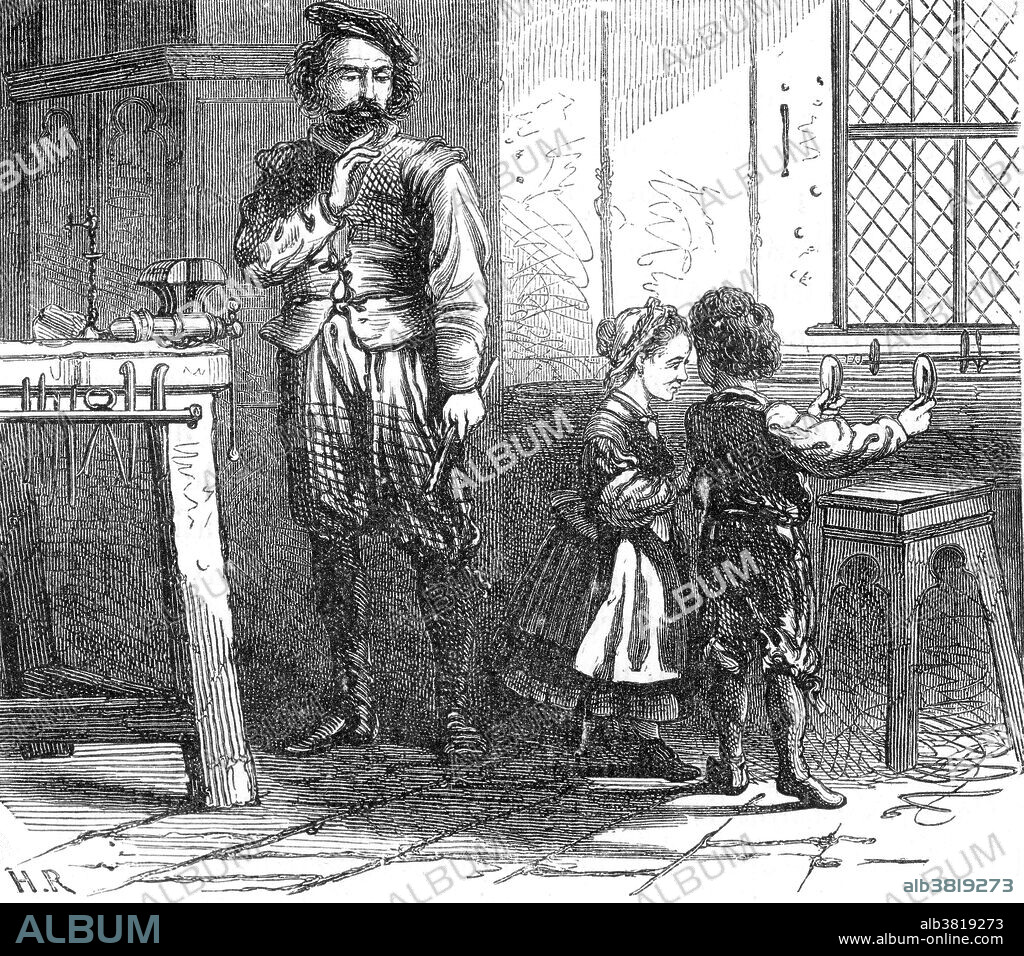 Hans Lippershey (1570 - September 1619) was a German-Dutch lensmaker, associated with the invention of the telescope. The the earliest written record of a refracting telescope, was a patent he filed in 1608, to the States General of the Netherlands for his instrument "for seeing things far away as if they were nearby", a few weeks before another Dutch instrument-maker's patent, Jacob Metius. He failed to receive a patent since the same claim for invention had also been made by other spectacle-makers, but he was rewarded by the Dutch government for copies of his design. There are many stories as to how Lippershey came by his invention. One version has him observing two children playing with lenses in his shop and commenting how they could make a far away weather-vane seem closer when looking at it through two lenses. His original instrument consisted of either two convex lenses with an inverted image or a convex objective and a concave eyepiece lens so it would have an upright image.
