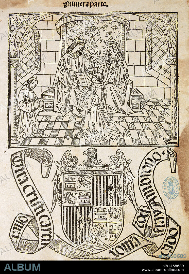 REYES CATOLICOS (Isabel I de Castilla y Fernando II de Aragón). Portada de "VITA CHRISTI" de Lodulfo de Sajonia (Alcalá de Henares, 1503). En la portada figuran los Reyes Católicos con un monje franciscano, cardenal Cisneros y otro Fray Ambrosio de Montesinos (Traductor). Biblioteca Nacional. Madrid. España.