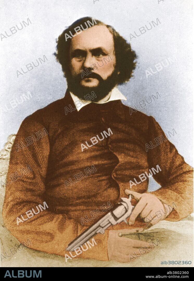 Samuel Colt, holding his celebrated revolver, sometimes called Colt's Patent Pacifier, or, more simply, the Difference. Samuel Colt (1814 -1862) was an American inventor and industrialist. He was the founder of Colt's Patent Fire-Arms Manufacturing Company (Colt's Manufacturing Company), and is widely credited with popularizing the revolver. In 2006, he was inducted into the National Inventors Hall of Fame.