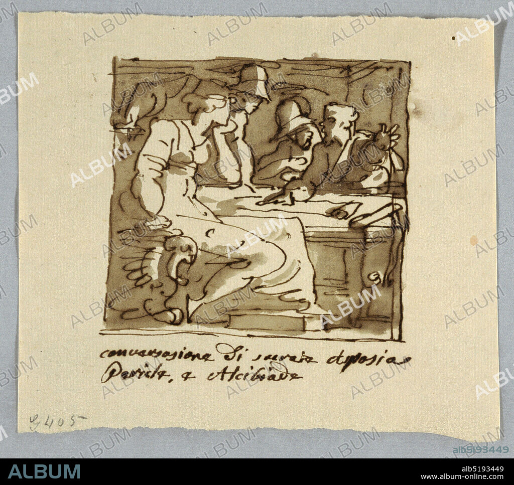 Socrates, Pericles, Alcibiades, Aspasia in Discussion, Felice Giani, Italian, 17581823, Pen and brown ink, brush and brown wash over traces of graphite on light brown laid paper, Aspasia shown in profile seated in front of table with face turned backwards at three men who sit or stand behind table. Socrates speaks and points at place in paper scroll lying upon table., Italy, 181025, figures, Drawing, Drawing.