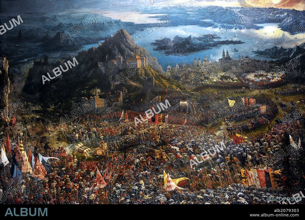 Albrecht Altdorfer (1480-1538). German artist, member of the Danube School. The Batlle of Alexander at Issus, 1529. It portrays the 330 BC Batlle of Issus, in which Alexander the Great secured a decisive victory over Daris III of Persia. Detail. Alte Pinakothek, Munich, Germany.