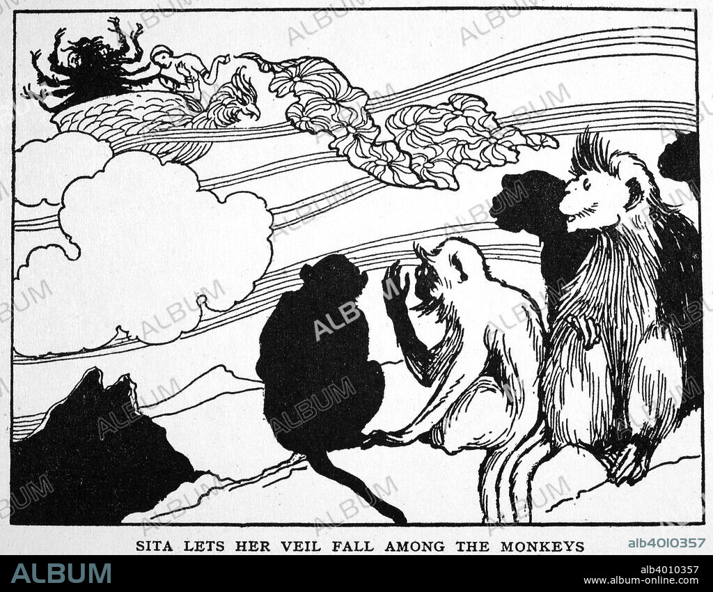 'Sita Lets Her Veil Fall among the Monkeys', 1925. Sita is one of the principal characters of the Hindu epic, the Ramayana. From The Book of Myths by Amy Cruse, 1925.