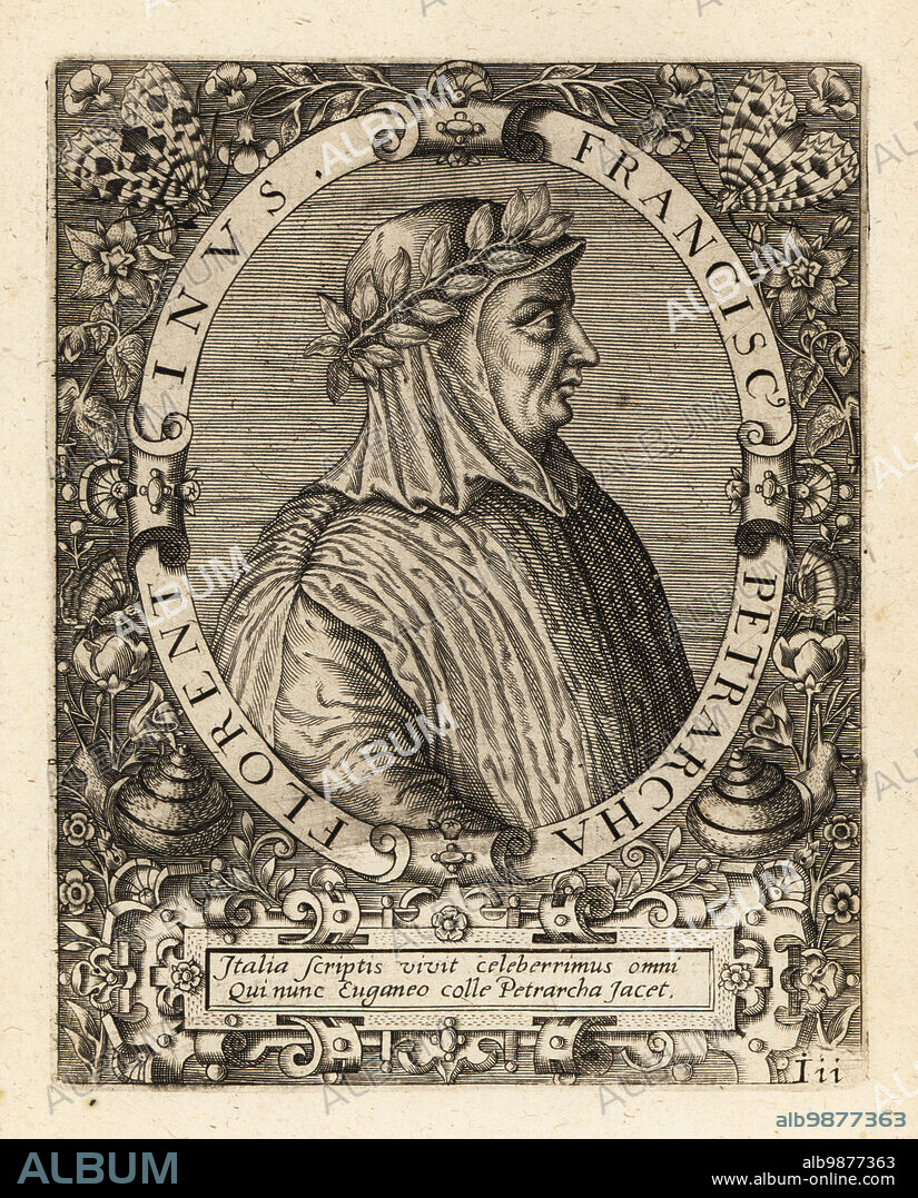 Francesco Petrarca or Petrarch, Italian scholar, humanist and poet, 1304-1374. Franciscus Petrarcha Florentinus. Copperplate engraving by Johann Theodore de Bry from Jean-Jacques Boissards Bibliotheca Chalcographica, Johann Ammonius, Frankfurt, 1650.
