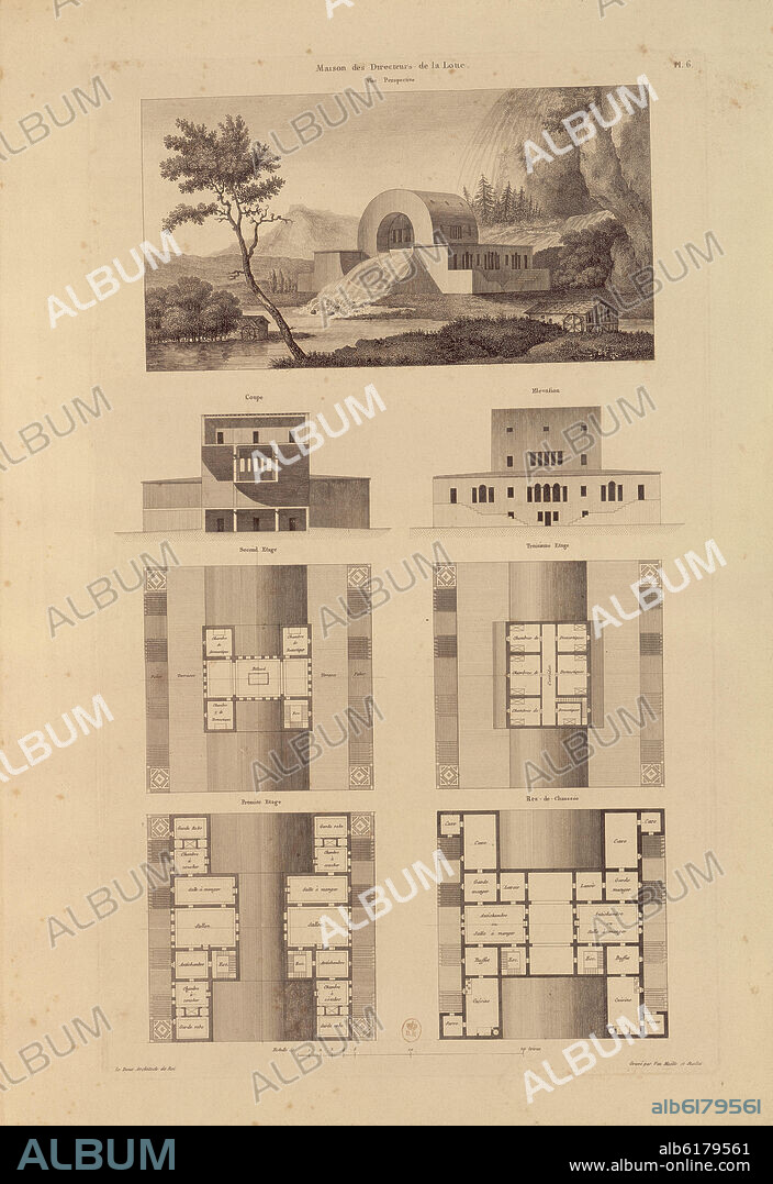 CLAUDE NICOLAS LEDOUX. CASA DE LOS DIRECTORES DE LA LEY - GRABADO SIGLO XVIII.