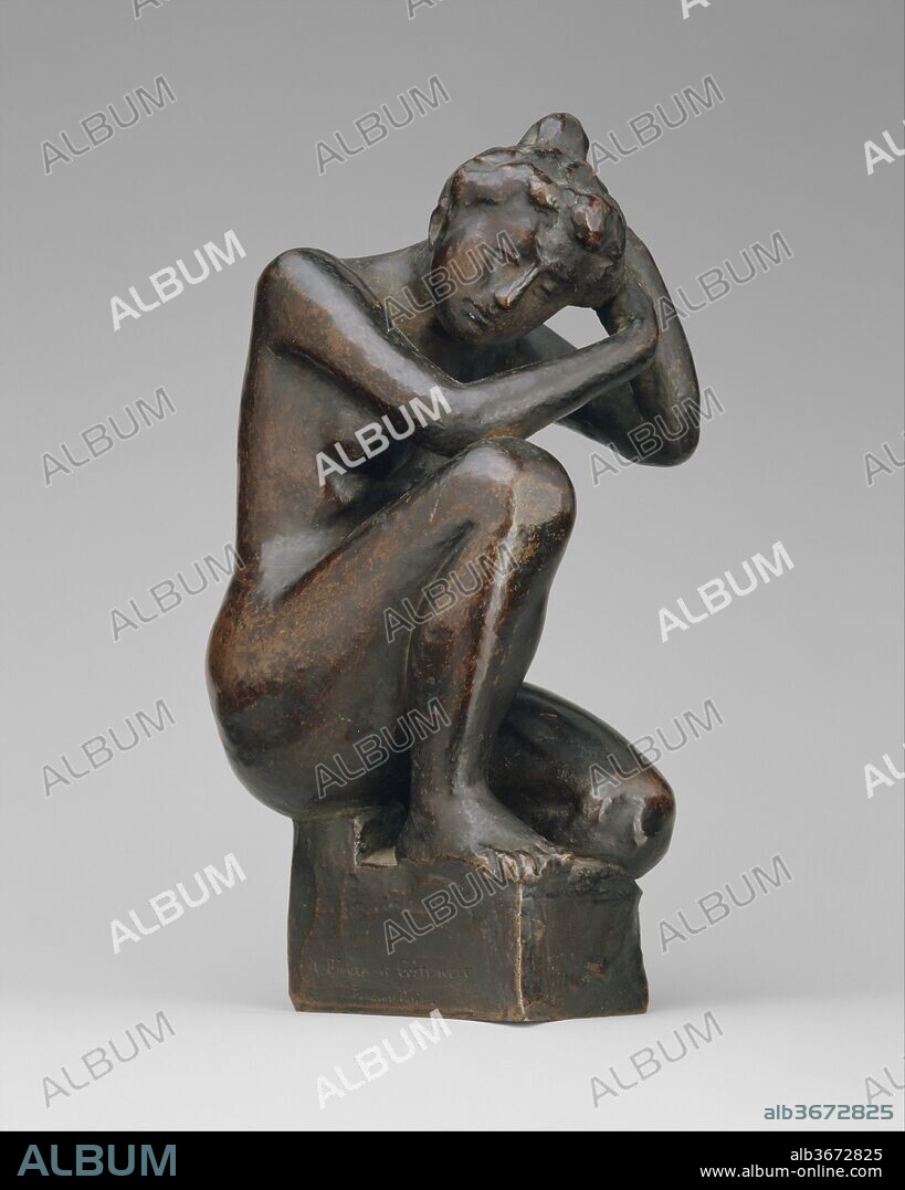 Crouching Girl. Artist: Aristide Maillol (French, Banyuls-sur-Mer 1861-1944 Perpignan). Culture: French. Dimensions: Overall: 8 1/4 × 3 3/4 × 4 1/4 in. (21 × 9.5 × 10.8 cm). Founder: Cast by A. Bingen and Costenoble. Date: modeled 1900, cast date unknown.
Maillol was trained as a painter, but early in his career he became interested in tapestry weaving and ceramics, as well as the sculpture that eventually became his true métier. This figure was originally intended for the top of one of Maillol's ceramic water fountains.