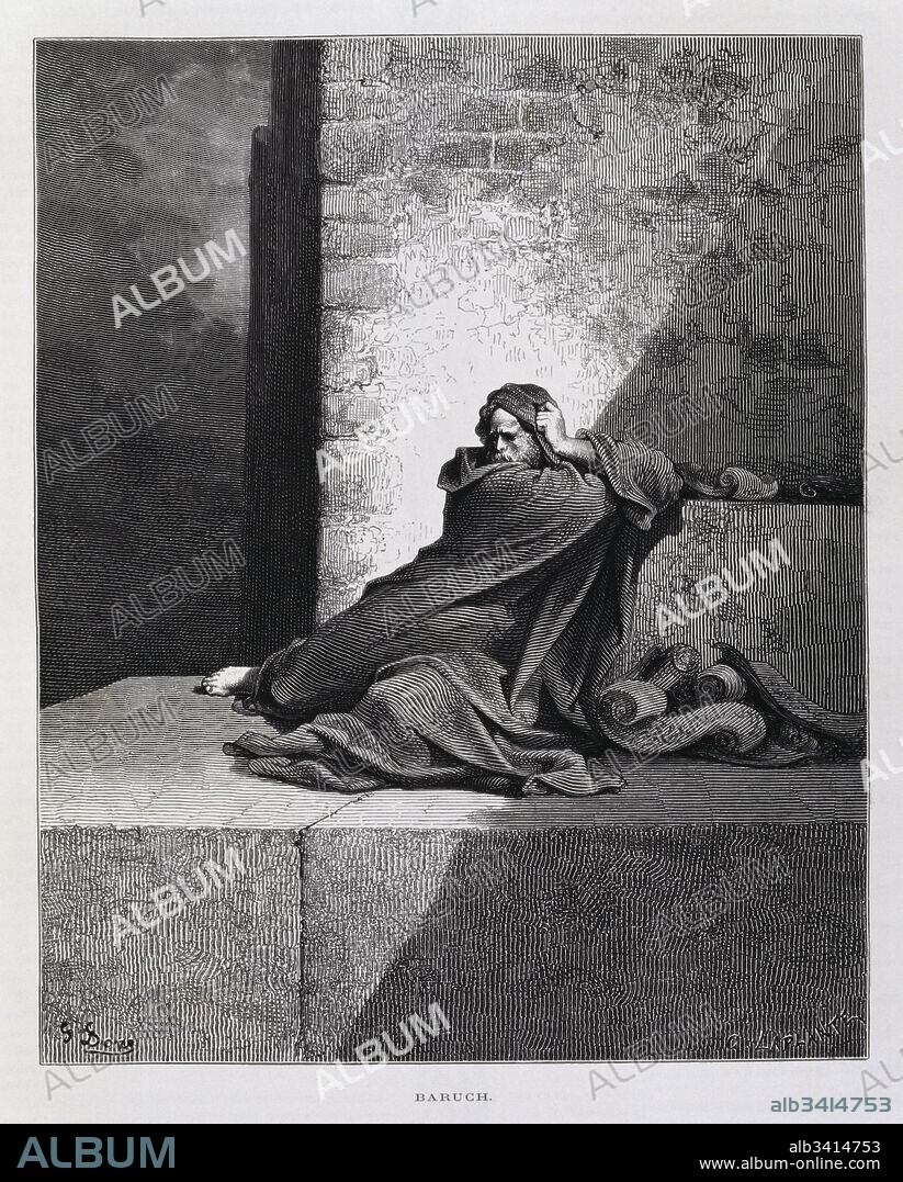 Engraving by  Gustave Doré (1832-1883); Imprisoned, Baruch ben Neriah (c. 6th century BC) scribe, of the Biblical prophet Jeremiah.
