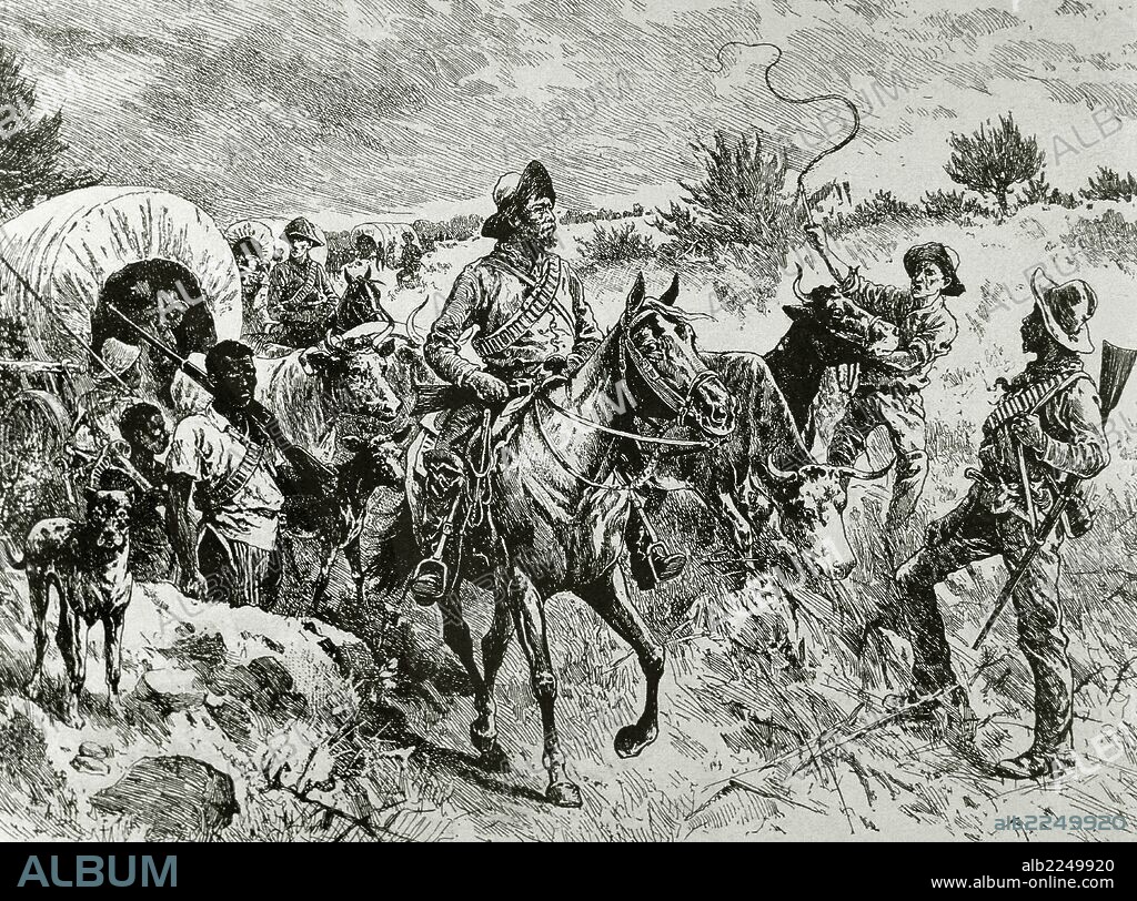 GUERRA ANGLO-BOER (1899-1902). La negativa del presidente Kruger deTransvaal (Africa del Sur), a otorgar derechos a los mineros extranjeros, motivó el envío de tropas inglesas, y los BOERS (Orange y Transvaal, de origen holandés) declararon la guerra a Inglaterra. "UN CONVOY DE BOERS". Grabado del siglo XIX.