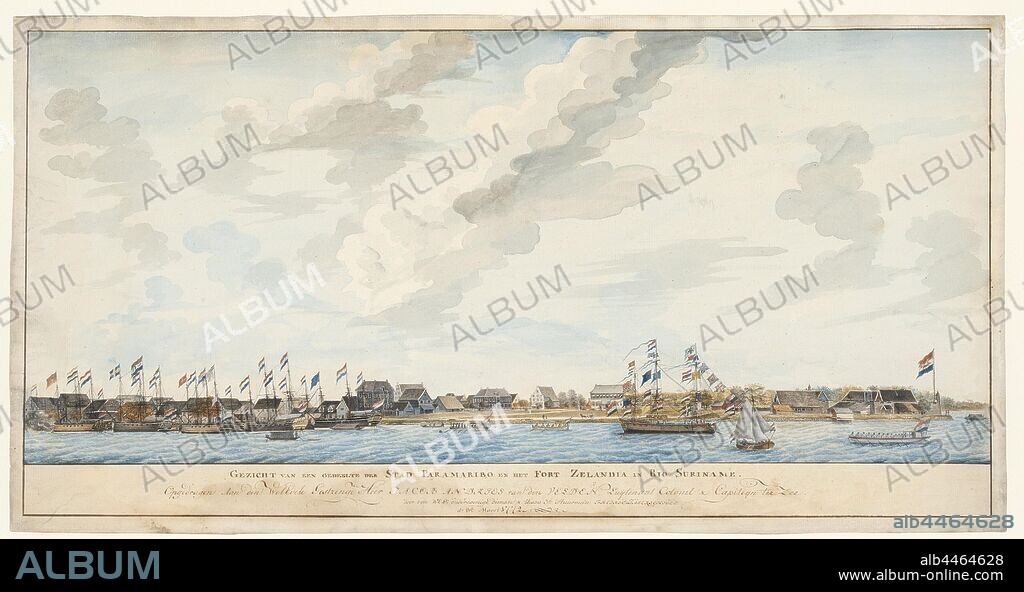 View of the city of Paramaribo and Fort Zeelandia, Houses on the water (Paramaribo) under a large cloudy sky. On the right a fortification (Fort Zeelandia) with large flagpole and Dutch flag. On the left a few ships on the roadstead, on the left a paved flat bottom under sail and a few rowing boats, prospect of city, town panorama, silhouette of city (townscape with figures, staffage), fortress, harbor, sailing ship, sailing boat, Suriname, Paramaribo, Fort Zeelandia, Waterfront, West India Company, Frederik Jägerschiöld (signed by artist), 8-Mar-1772, paper, watercolor (paint), ink, pen, h 34.3 cm × w 66 cm.