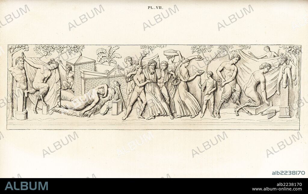 Marble bas-relief of a Bacchanalia. A drunken orgy with Silenus, Bacchantes, phallophore, Cupid, satyrs and a statue of Priapus-Hermes. Handcoloured lithograph from Cesar Famin's "Musee royal de Naples (The Royal Museum at Naples)," Abel Ledoux, Paris, 1836. This rare volume is a catalog of the collection of erotic paintings, bronzes and statues excavated in Pompeii and Herculaneum and stored in a Secret Cabinet at Naples.