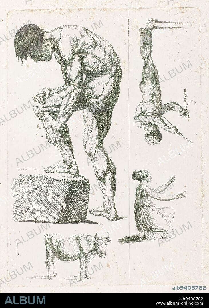 Two men, a woman and a bull, Studies of a male nude model with one foot leaning on a stone, a naked boy with fishing pole, a cow and a kneeling woman., print maker: Carl Wilhelm Kolbe (I), 1801, paper, etching, height 352 mm × width 248 mm.