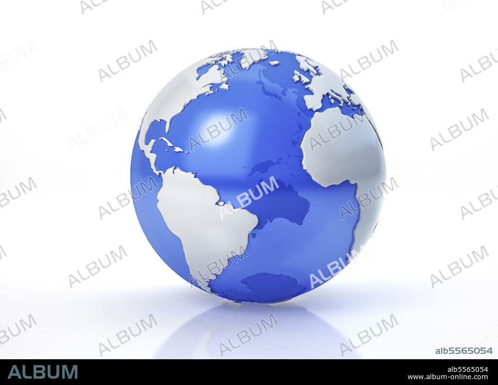 Stylized Earth globe, Atlantic view with grey continents and transparent seas to reveal continents on the other side.