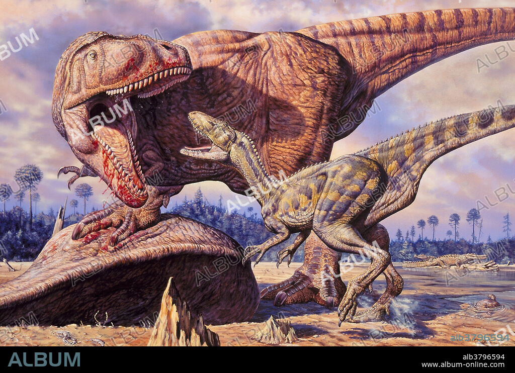 Carcharodontosaurus (left) and Deltadromaeus (right), carnivorous theropods from the Cretaceous era in North Africa.