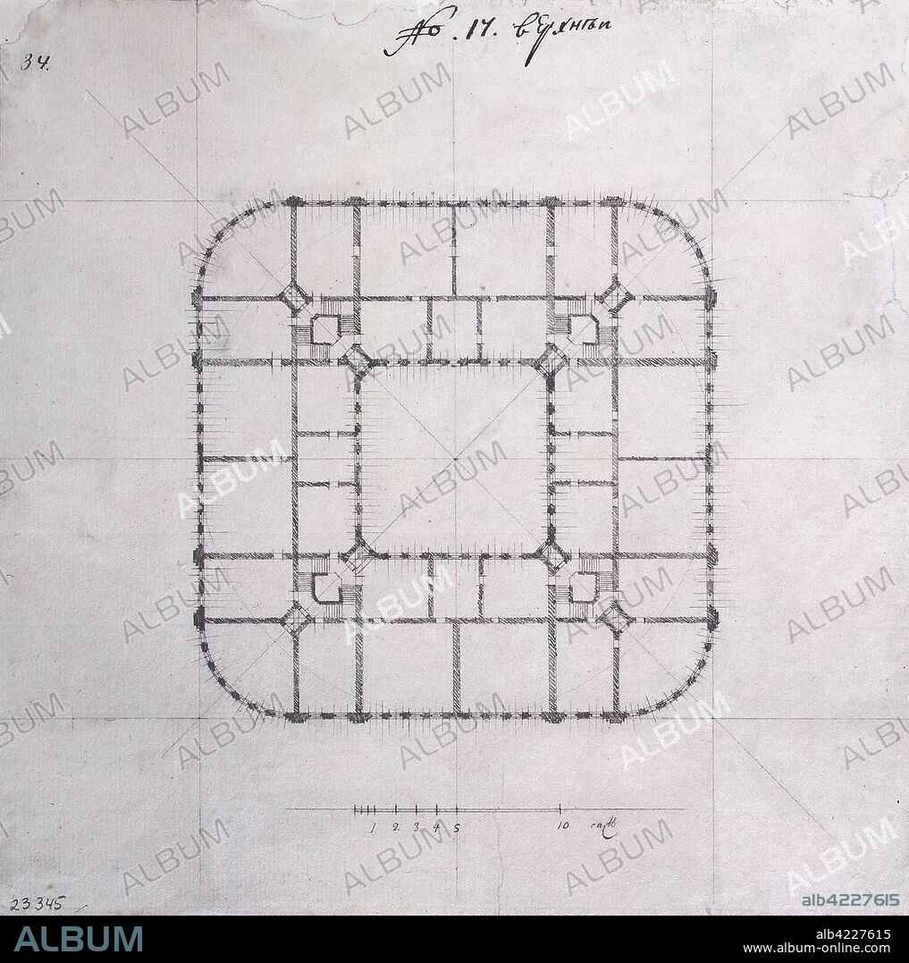 VASILY BAZHENOV. 'Plan of the Pavilion with Facade Showing a Loaf of Bread Design. First Floor (Second Floor, USA)'. Russia, 1770s. Dimensions: 28,3x28,3 cm.