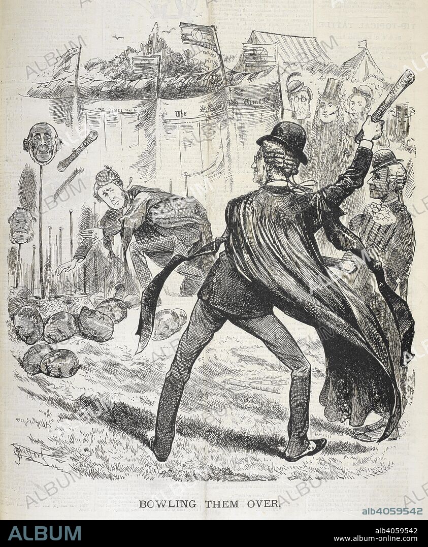 'Bowling them over'. A satirical picture depicting a fairground 'coconut shy' with human heads and a copy of the 'Times' newspaper. A judge is throwing rolls of speeches. Funny folks. : A weekly budget of funny pictures, notes, jokes and stories. London, 1889. Source: Funny folks. 20 April 1889 page 121.