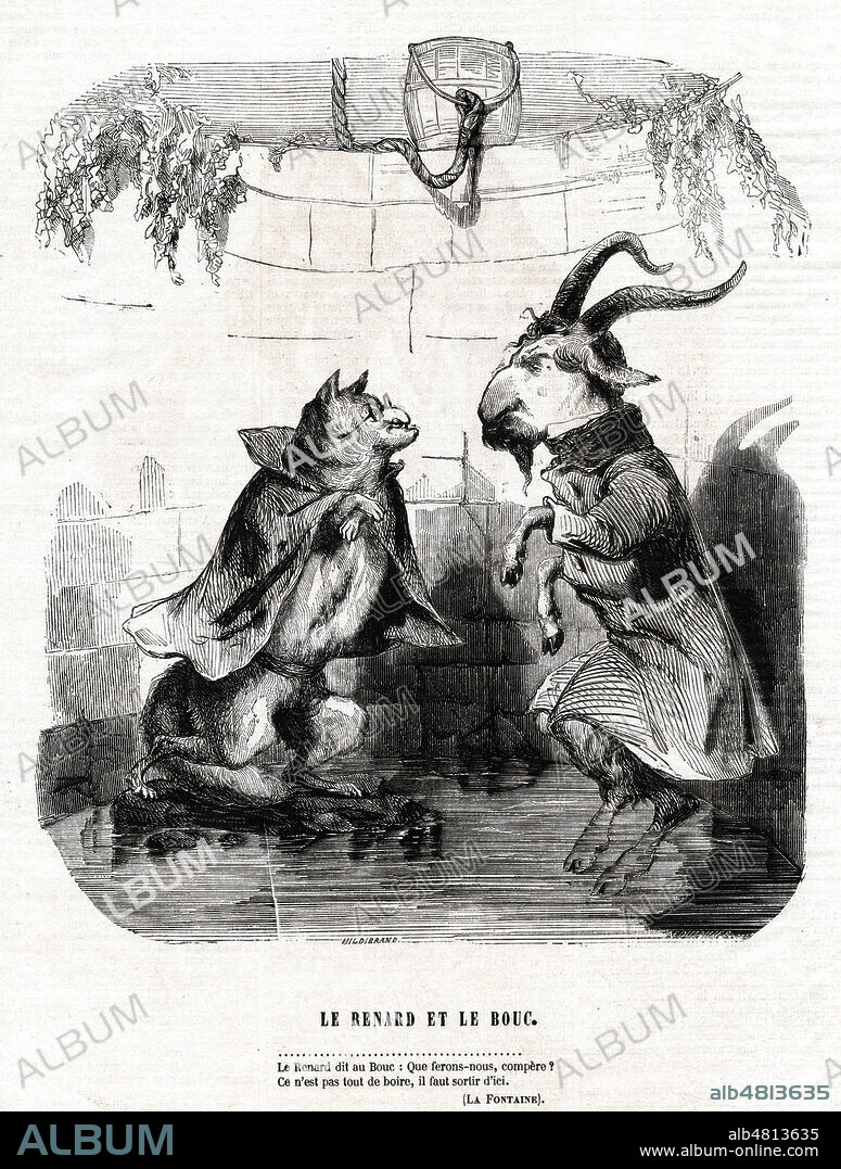 Le renard et le bouc (Adolphe THIERS (1797-1877) et le president Louis-Napoleon BONAPARTE (1808-1877) d'apres la fable de Jean de LAFONTAINE (1621-1695). Caricature de Valentin FOULQUIER (1822-1896) pour La Semaine du 15 mars 1850. Credit : Collection jonas/Kharbine-Tapabor.