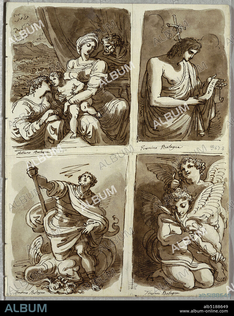The Holy Family with Saint Catherine; St. John the Baptist, after Guercino; St. George and the Dragon, After Alessandro Tiarini; Two Putti, Felice Giani, Italian, 17581823, Pen and brown ink, brush and brown wash, over traces of black chalk on white heavy wove paper, Upper left, Holy Family with Saint Catherine at lower left, draperies and landscape background. Upper right, half figure of St.John. Lower left, St. Michael standing atop beast and looking heavenward. Lower right, kneeling angel holding, lilies, and another standing behind him., Italy, Italy, 182122, figures, Sketchbook folio, Sketchbook folio.