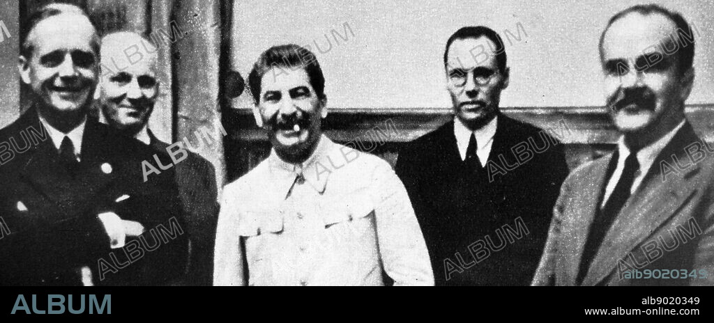 Stalin, Ribbentrop and Molotov after signing the MolotovRibbentrop Pact, (Nazi-Soviet Pact; GermanSoviet Non-aggression Pact) 1939 was a treaty of non-aggression between Nazi Germany and the Union of Soviet Socialist Republics), signed in Moscow on 23 August 1939 by foreign ministers Joachim von Ribbentrop and Vyacheslav Molotov.