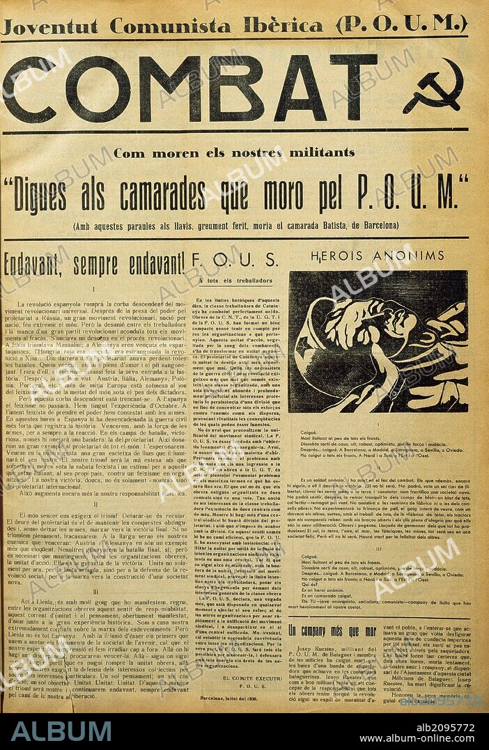PRENSA ESPAÑOLA. CATALUÑA. "COMBAT". Año 1, nº 6. Diario de Juventud Comunista Ibérica (P. O. U. M.). En Lérida, 31 de julio de 1936. (CONTEXTO HISTORICO DE LA GUERRA CIVIL ESPAÑOLA) .