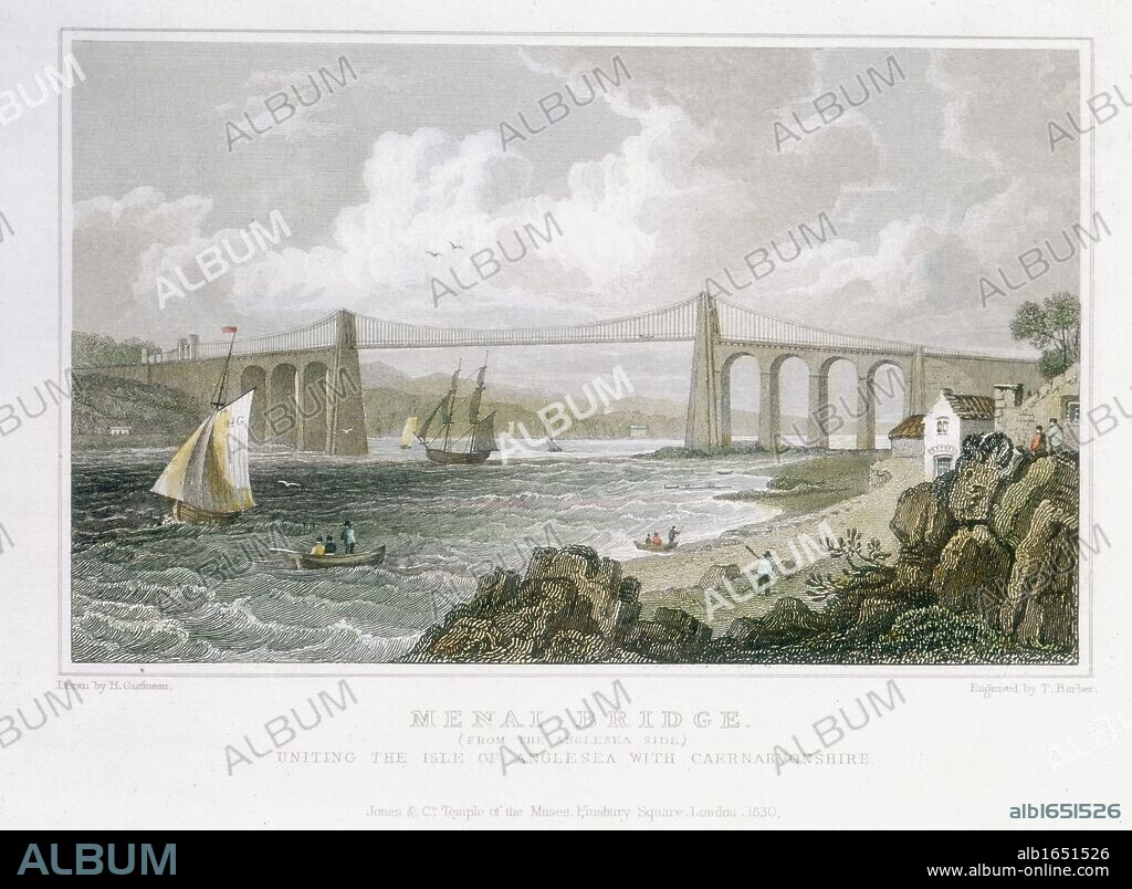 Thomas Telford's suspension bridge over Menai Straits, Wales, built 1820-1826. View from Angelsea side. Original timber deck wrecked in storm, 1839. In 1940 chains renewed with high tensile steel. Part of London/Holyhead road carrying mails between Dublin and London. Hand-coloured engraving, 1830.