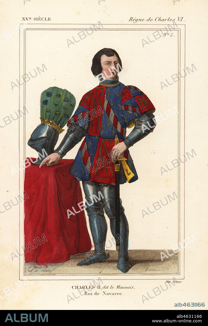 King Charles II of Navarre, le Mauvais, comte d'Evreux, 1332-1387. Handcoloured lithograph by Leopold Massard after a stained-glass window in Notre-Dame d'Evreux in Roger de Gaignieres' portfolio V 19 from Le Bibliophile Jacob aka Paul Lacroix's Costumes Historiques de la France (Historical Costumes of France), Administration de Librairie, Paris, 1852.