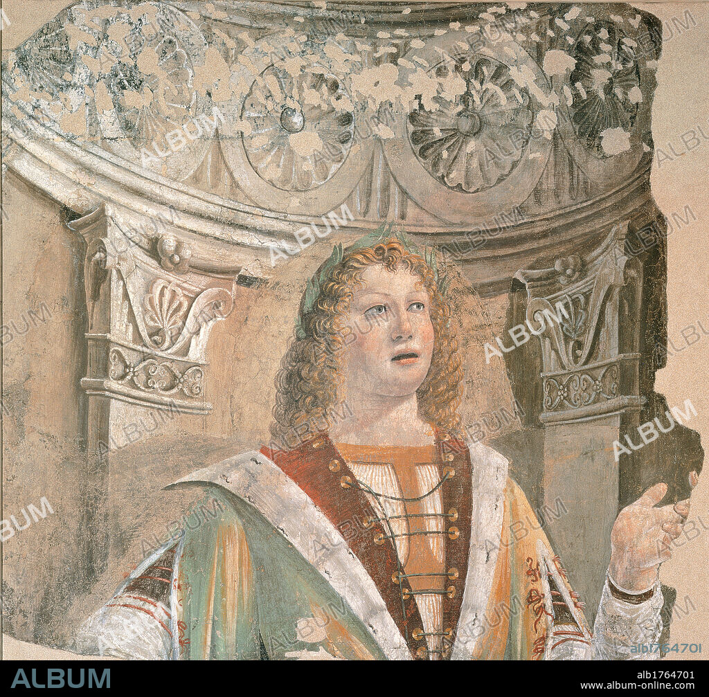 The Cantor, by Donato di Pascuccio di Antonio known as Bramante, 1480 about, 15th Century, fresco torn down, cm 120 x 126. Italy, Lombardy, Milan, Brera Art Gallery. Detail. Torn fresco singer young boy curly hair face jacket painted architecture. Authorization required for non editorial use.